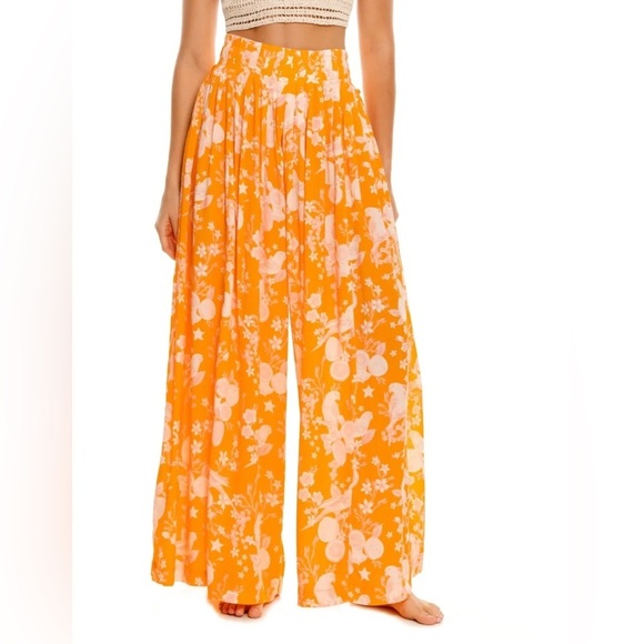 NWT Agua Bendita Hanne Resort Bird Print  Citrus Orange and Pink Flowy Pants - Picture 1 of 14